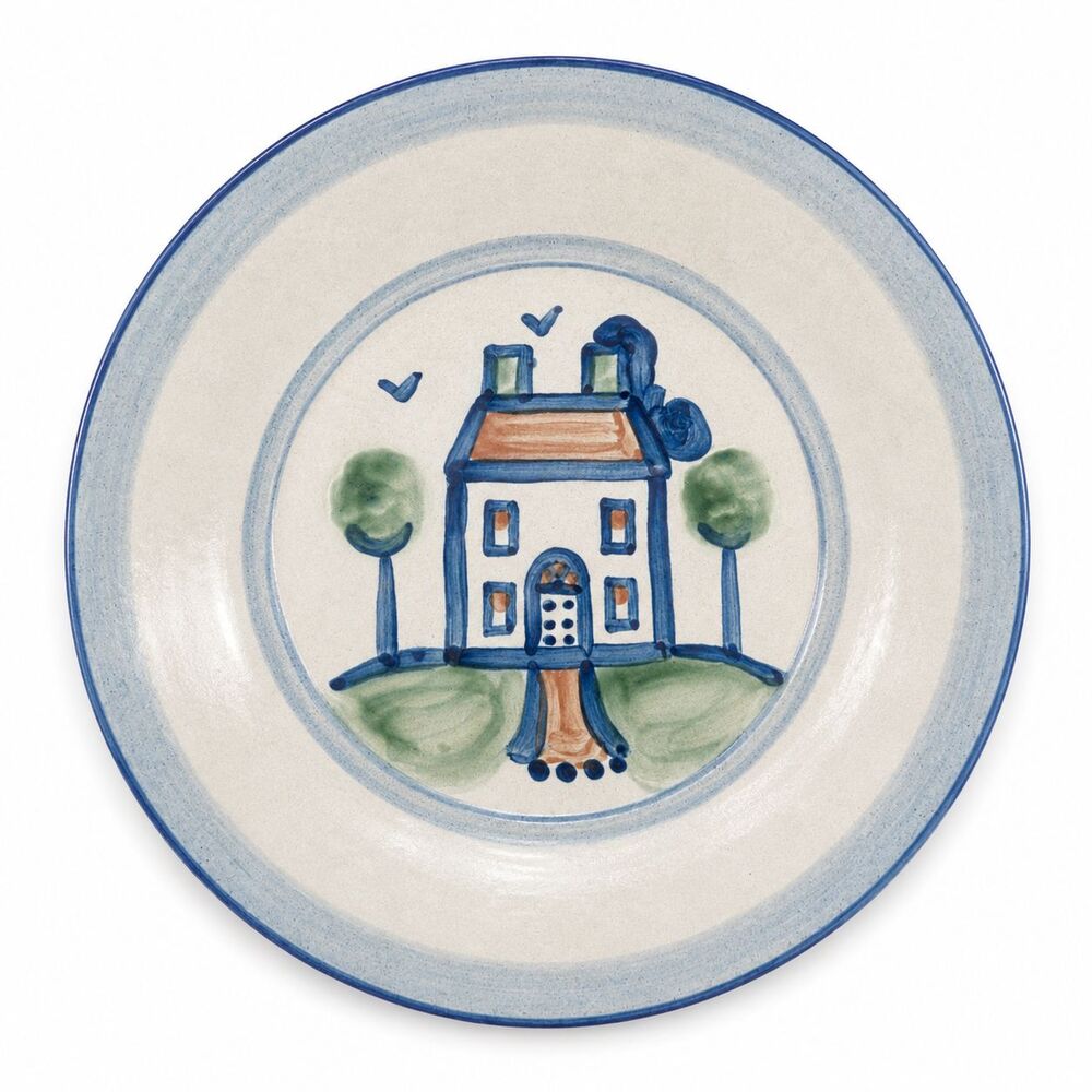 Vintage M.A. Hadley Hand Painted Plate Whimsical House Blue Rim Folk Art Pottery